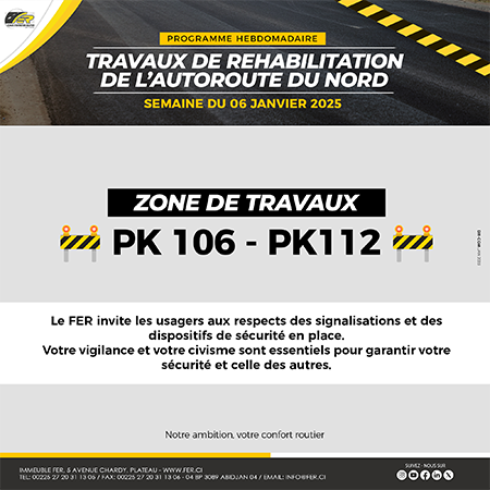 Travaux de réhabilitation de l'Autoroute du Nord, section PK106 - PK112